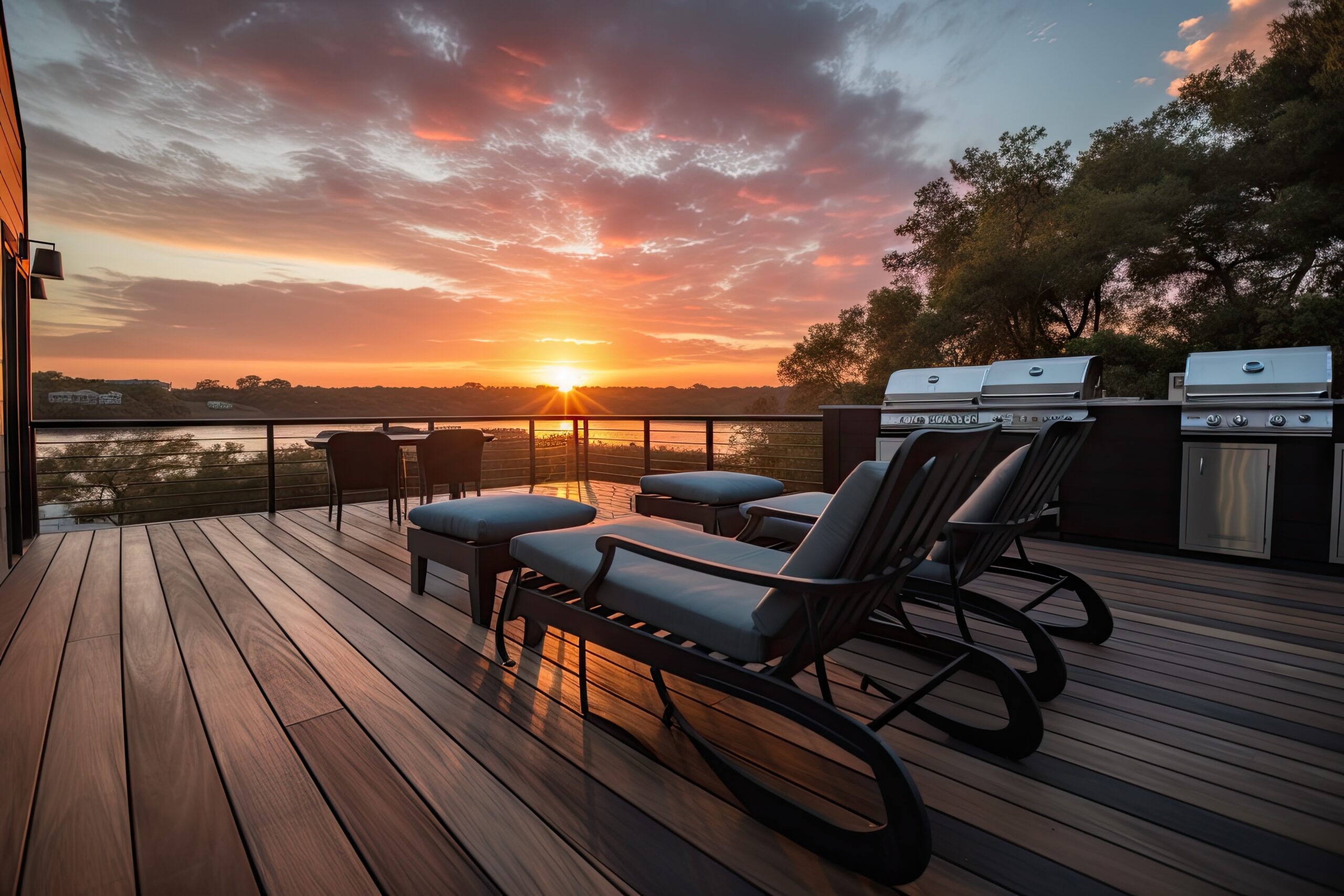 deck with built-in grill, lounge chairs and view of the sunset, created with generative ai