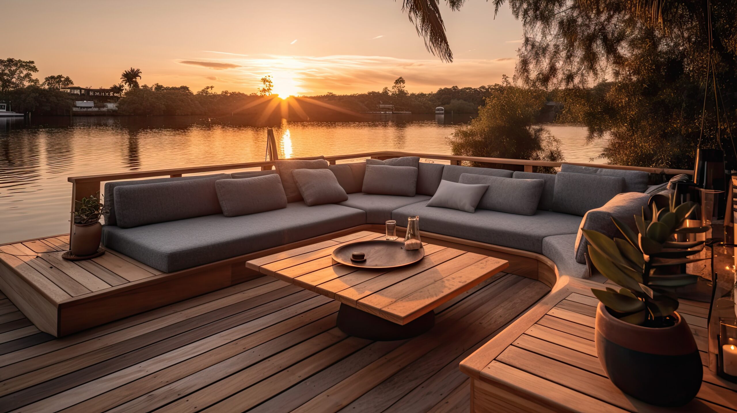 deck with view lake sunset