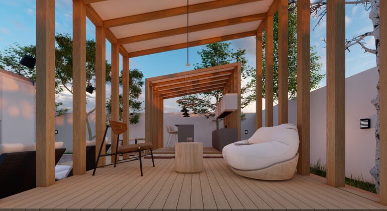 outdoor living room wooden gazebo 3d illustration