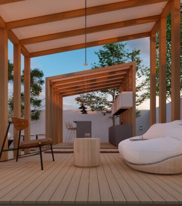 outdoor living room wooden gazebo 3d illustration